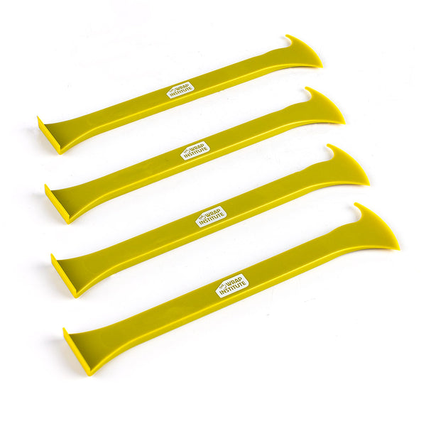 Four yellow Design Lab Single Axes in parallel on a white background.