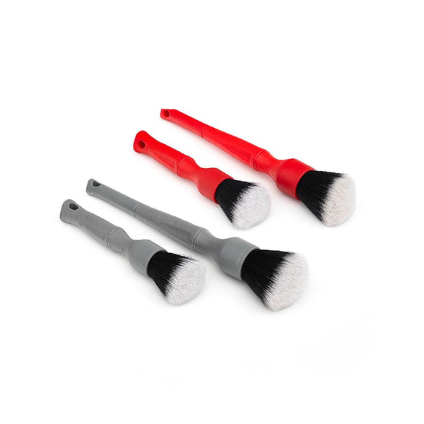 A red long, red short, grey long, and grey short Synthetic Detailing Brush on a white background.