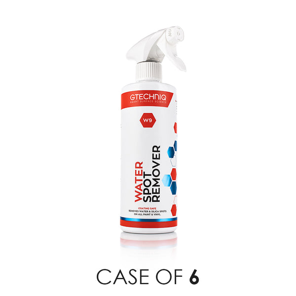 A spray bottle of Gtechniq W9 Water Spot Remover on a white background with the text 'Case of 6'.