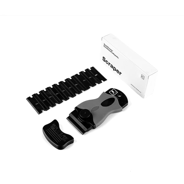 The Koch Chemie Plastic Scraper, 10 razor blades, the scraper packaging, and a scraper cap on a white background.
