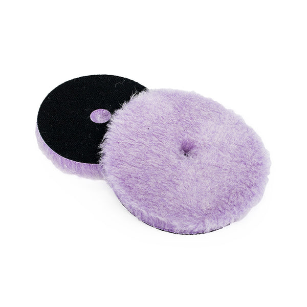 The front and back of a purple Lake Country wool polisher on a white background.
