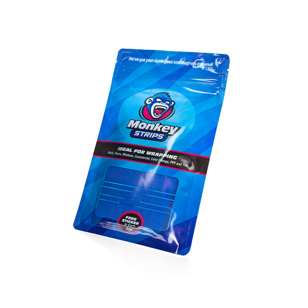 The packaging for the blue Monkey Strips on a white background