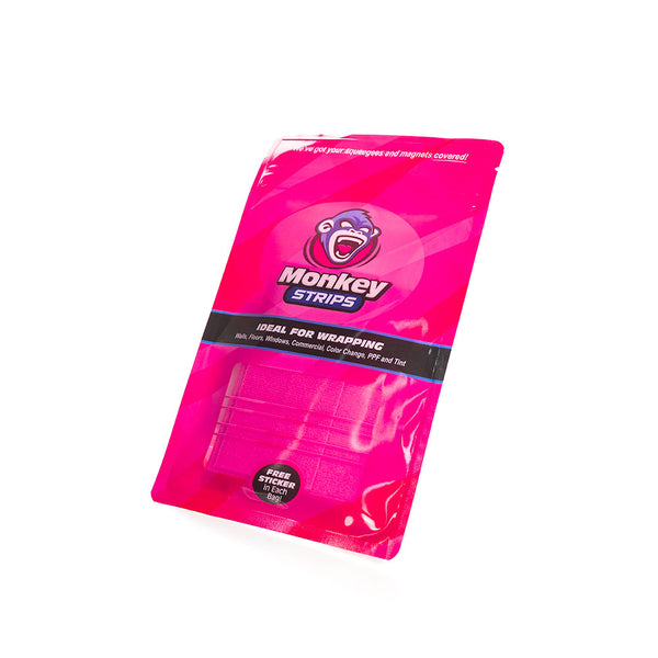 The packaging for the pink Monkey Strips on a white background