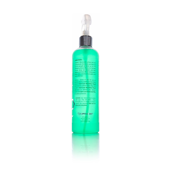 The back of a spray bottle of Opti-Coat Power Clean on a white background.