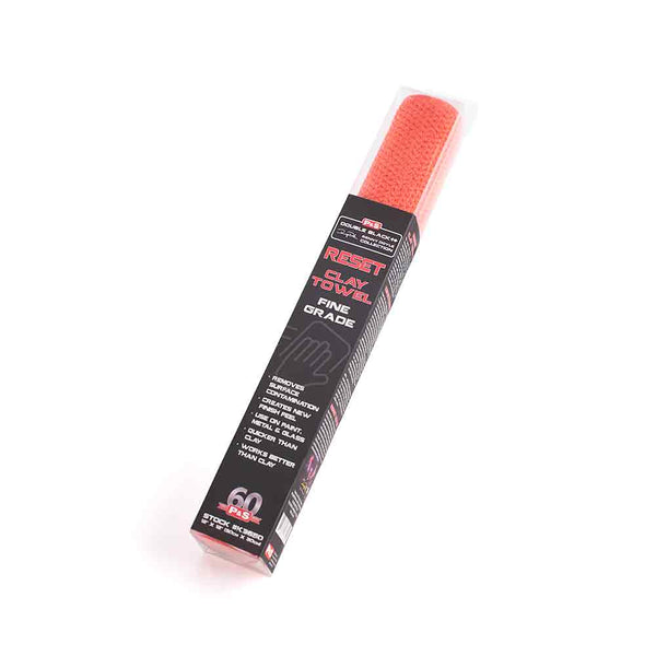The RESET Clay Towel from P&S Detail Products in its packaging. The black side has clay inlaid within the microfiber so it works just like a traditional Clay Bar. The red side is a soft, absorbent microfiber.