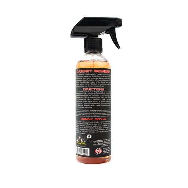 A 1-pint spray bottle of Carpet Bomber carpet and upholstery cleaner from P&S Professional Detail Products on a white background.