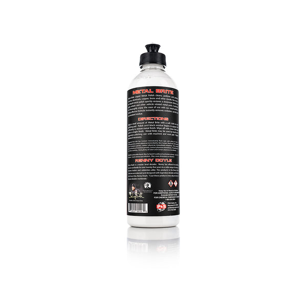 The back of a bottle of P&S Metal Brite on a white background.