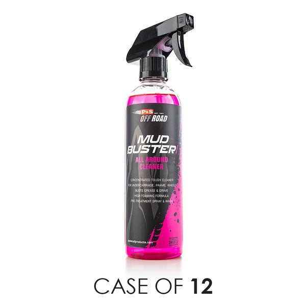 A spray bottle of P&S Mud Buster on a white background with the text 'Case of 12'.