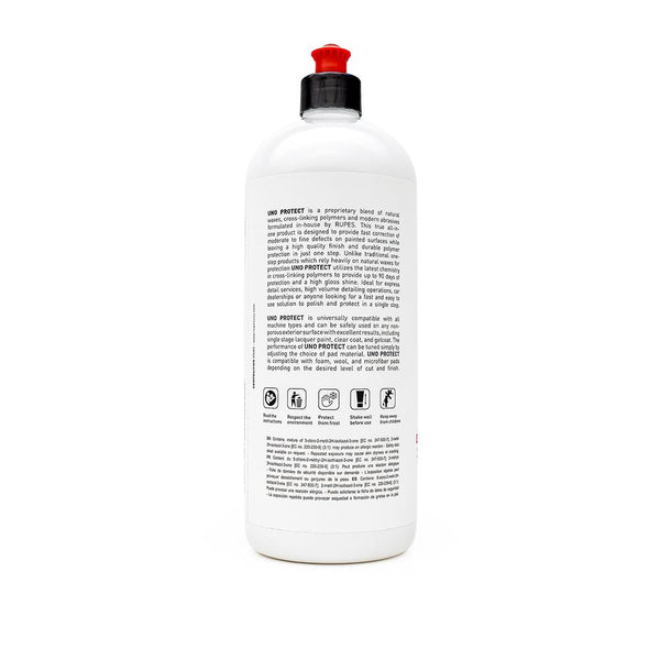 The back of a bottle of Rupes Uno Protect on a white background