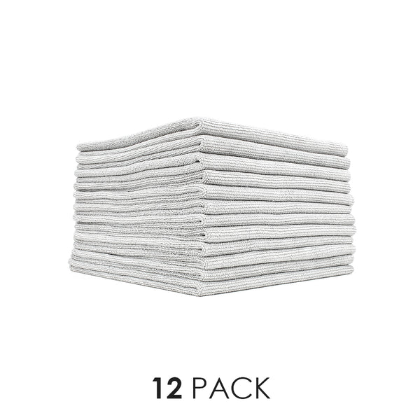 A 12-pack of Edgeless Pearl microfiber towels from The Rag Company in ice grey