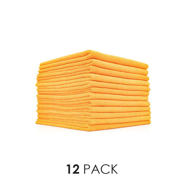 A 12-pack of Edgeless Pearl microfiber towels from The Rag Company in orange