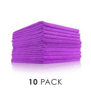 A 10-pack of Premium Pearl Edgeless towels from The Rag Company in a purple color.