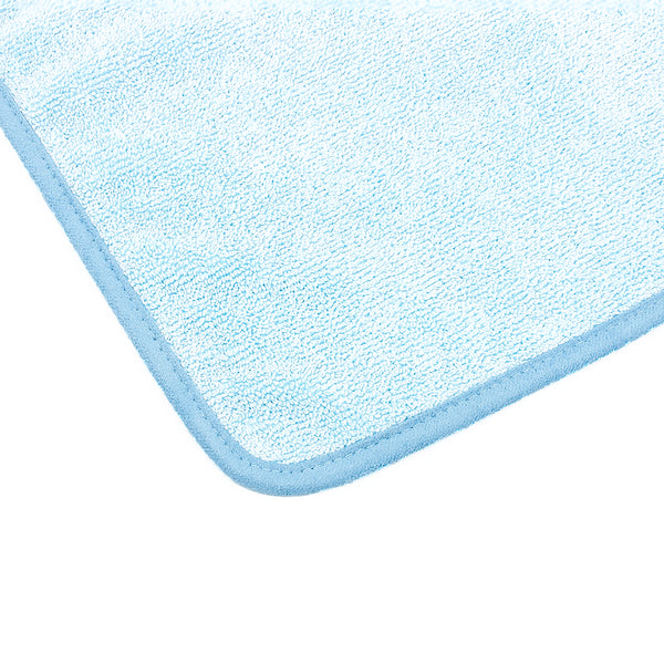The corner of a light blue Premium The Rag Company towel on a white background.