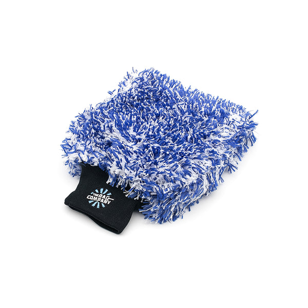 The Cyclone Ultra Wash Mitt from The Rag Company. It has a blue and white twist loop microfiber with a patented microfiber liner, and a long cuff with the TRC logo