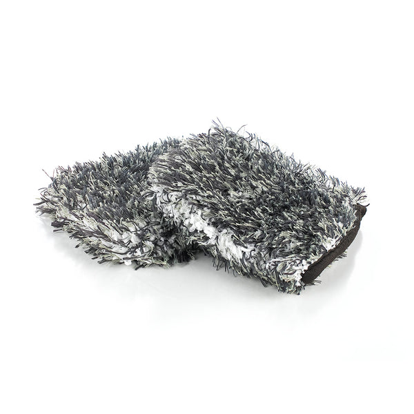 Black and white microfiber wheel mitt on a white background