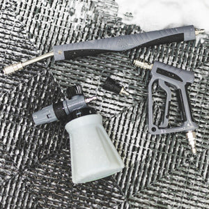 Ultra H2O pressure washing accessory system — spray gun, foam cannon, wand, and nozzles.”