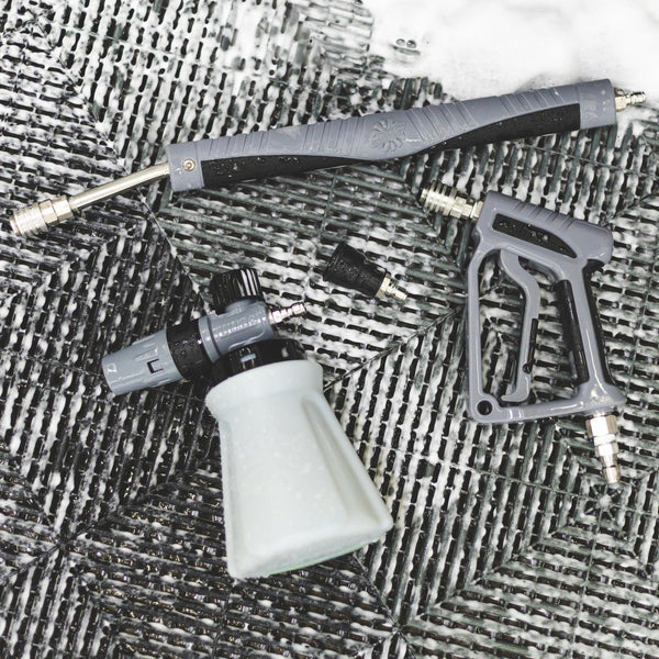 Ultra H2O pressure washing accessory system — spray gun, foam cannon, wand, and nozzles.”