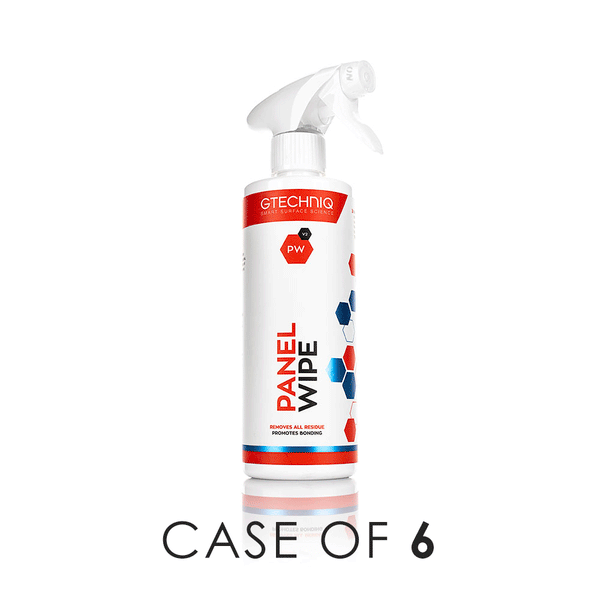 A spray bottle of Gtechniq Panel Wipe on a white background with the text 'Case of 6'.