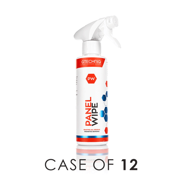 A spray bottle of Gtechniq Panel Wipe on a white background with the text 'Case of 12'.