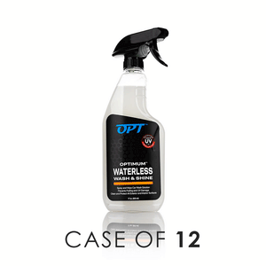 A bottle of Optimum Waterless Wash & Shine on a white background with the text 'case of 12'.'.