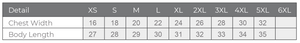 Table displaying chest width and body length measurements for various sizes.