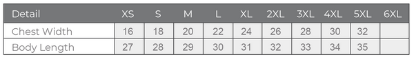 Table displaying chest width and body length measurements for various sizes.