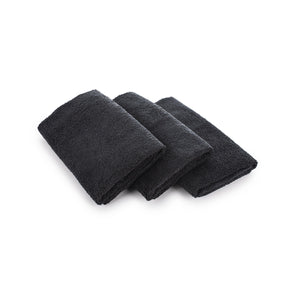 The Rag Company Spa and Workout 16x27 black 3 pack layered view on a white background.