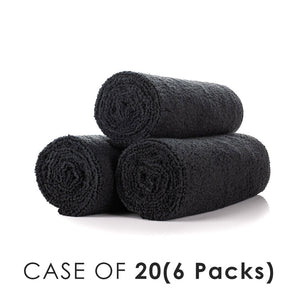 Spa and Workout 16x27 black rolled view with the text "Case of 20 (6 Packs)" on a white background.