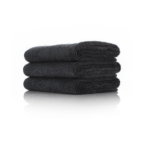 The Rag Company Spa and Workout 16x27 black 3 pack stacked view on a white background.