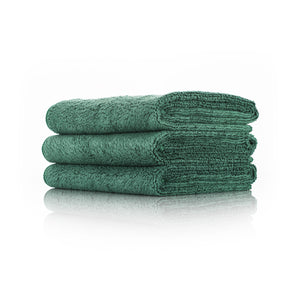 The Rag Company Spa and Workout 16x27 dark green 3 pack stacked view on a white background.