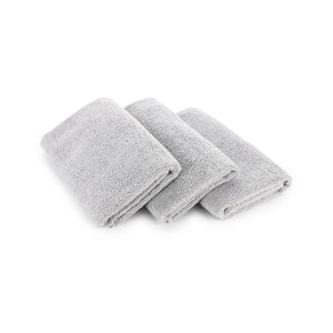 The Rag Company Spa and Workout 16x27 ice grey 3 pack layered view on a white background.