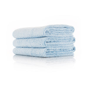 The Rag Company Spa and Workout 16x27 light blue 3 pack stacked view on a white background.