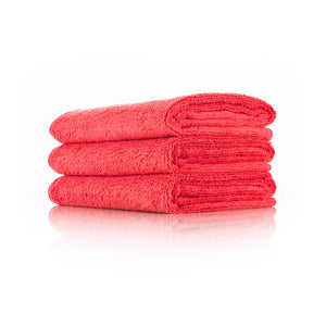 The Rag Company Spa and Workout 16x27 red 3 pack stacked view on a white background.