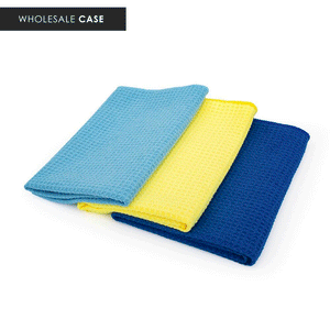 Three different colored (light blue, yellow, and dark blue) Waffle Weave towels on a white background with the text 'Wholesale Case'.