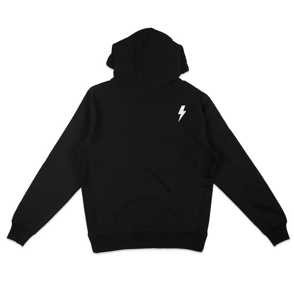 Black hoodie with a white logo on the back against a white background