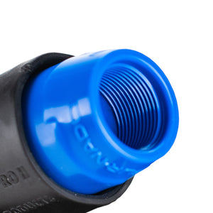 Close-up of a blue threaded fitting of Buff Brite Furnado on a white background