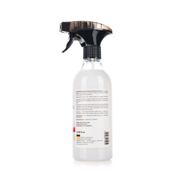 Colourlock Alcantara and Fabric Cleaner 500ml back view on a white background.