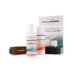 colourlock artificial leather clean and care kit box with bottle of leaner and protector, a leather brush, a sponge, and white towel displayed on a white background. 