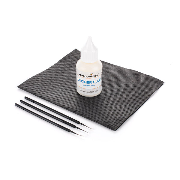 Colourlock Leather GLue Cut Repair Kit conetents on a white background.