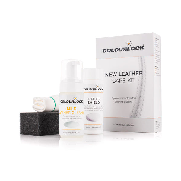 Colourlock New Leather Care Kit Box products view on a white background.