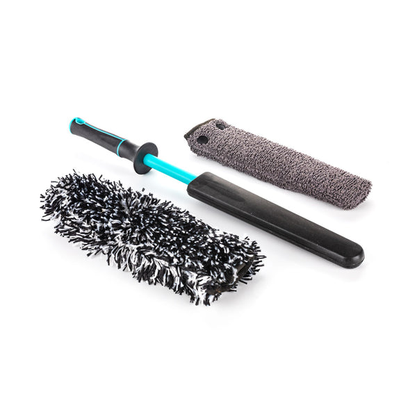 The Riptide Wheel Barrel Brush and all of its covers on a white background.