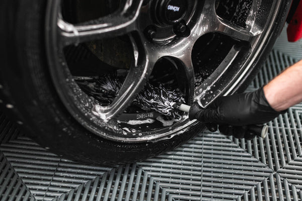 Detail Factory Wheel Brush Mini demo on a tire.