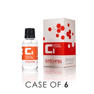 A bottle of Gtechniq Crystal Lacquer next to its packaging on a white background with the text 'Case of 6'.