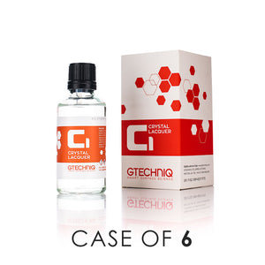 A bottle of Gtechniq Crystal Lacquer next to its packaging on a white background with the text 'Case of 6'.