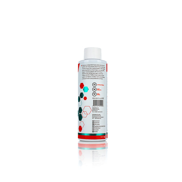 The back of a small bottle of gtechniq Smart Fabric on a white background.