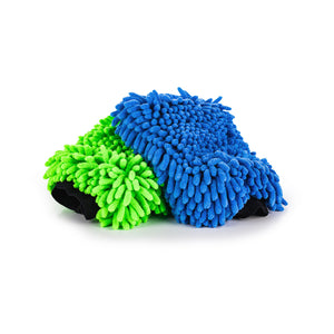 Chenille Mitt blue and lime 2 pack on a white background.