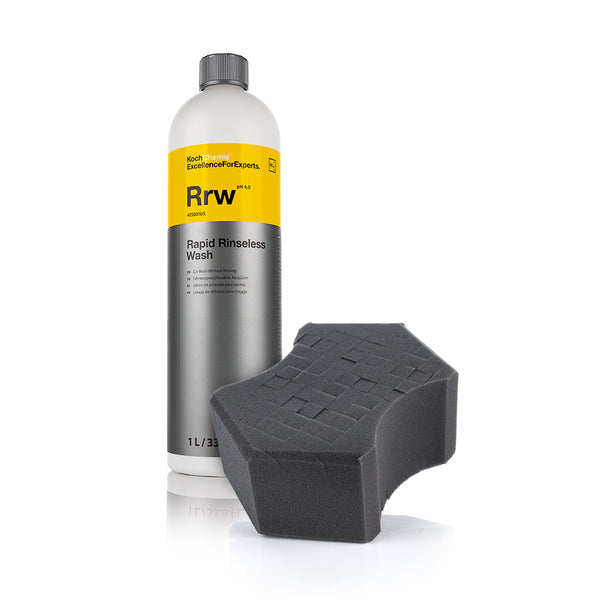 A bottle of Koch Chemie Rapid Rinseless Wash and Shin and an Ultra Safe Sponge on a white background.