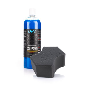 Optimum No Rinse Wash and Shine 32oz bottle with grey Sponge on a white background.