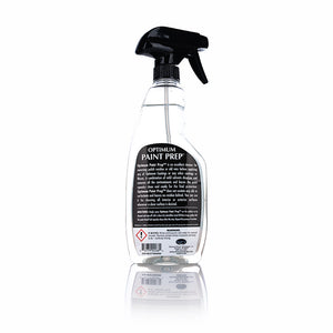 The back of a spray bottle of Optimum Paint Prep on a white background.