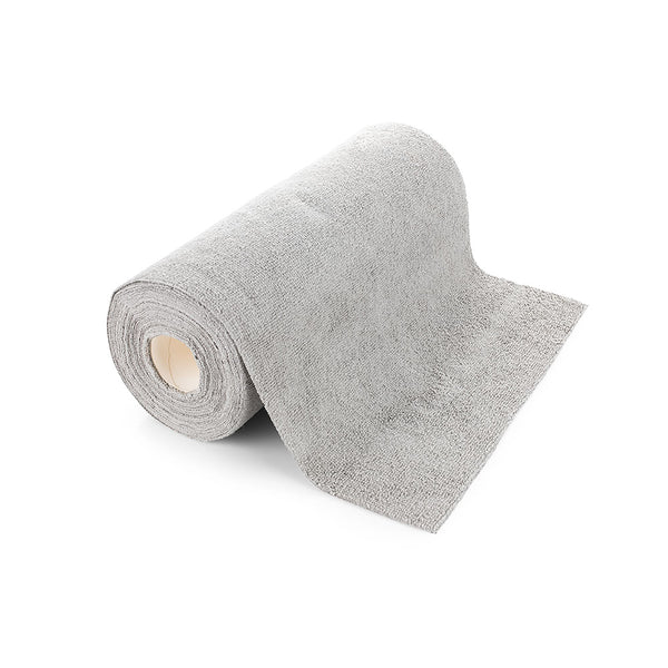 A single 30-count roll of Rip n Rag multi-purpose microfiber towels from The Rag Company in a grey color lying on its side